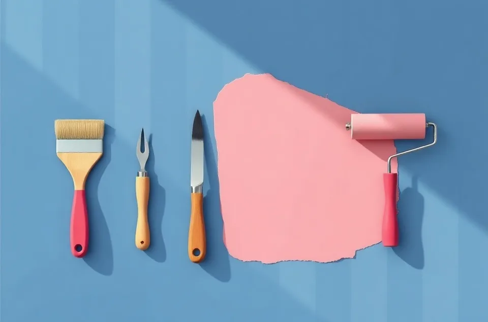 Outils de peinture disposés dans l'ordre des étapes du chantier