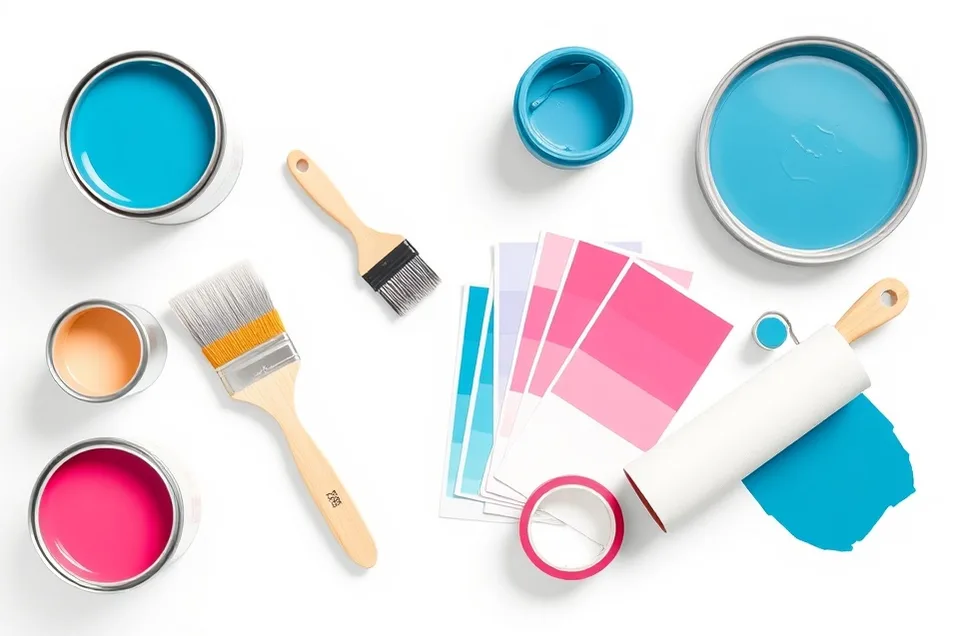 Pots de peinture, nuancier, brosses et rouleaux disposés à plat
