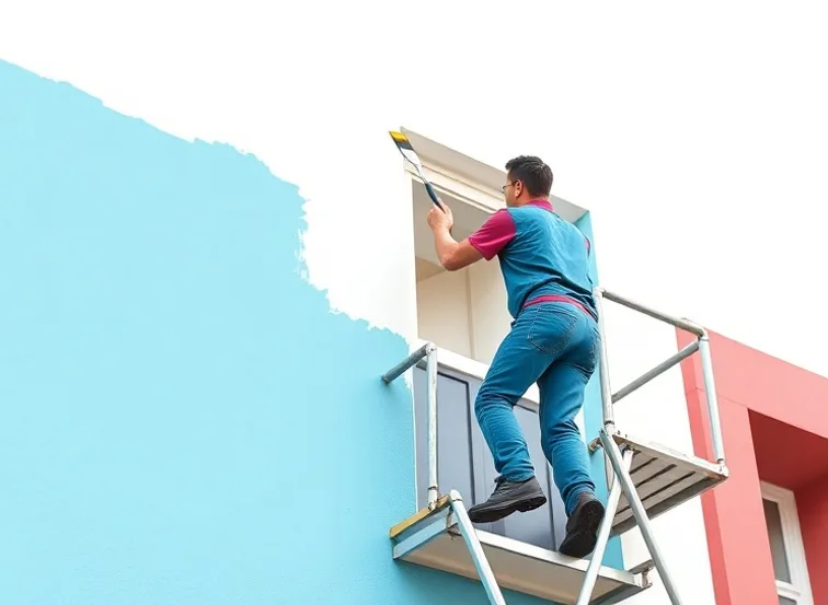 Peintre sur échafaudage traitant la façade d'une maison