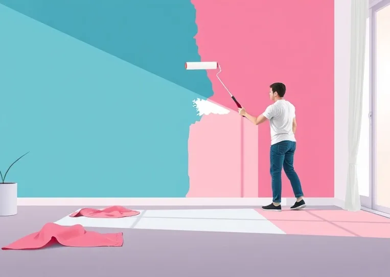 Peintre appliquant la peinture au rouleau sur un mur de salon